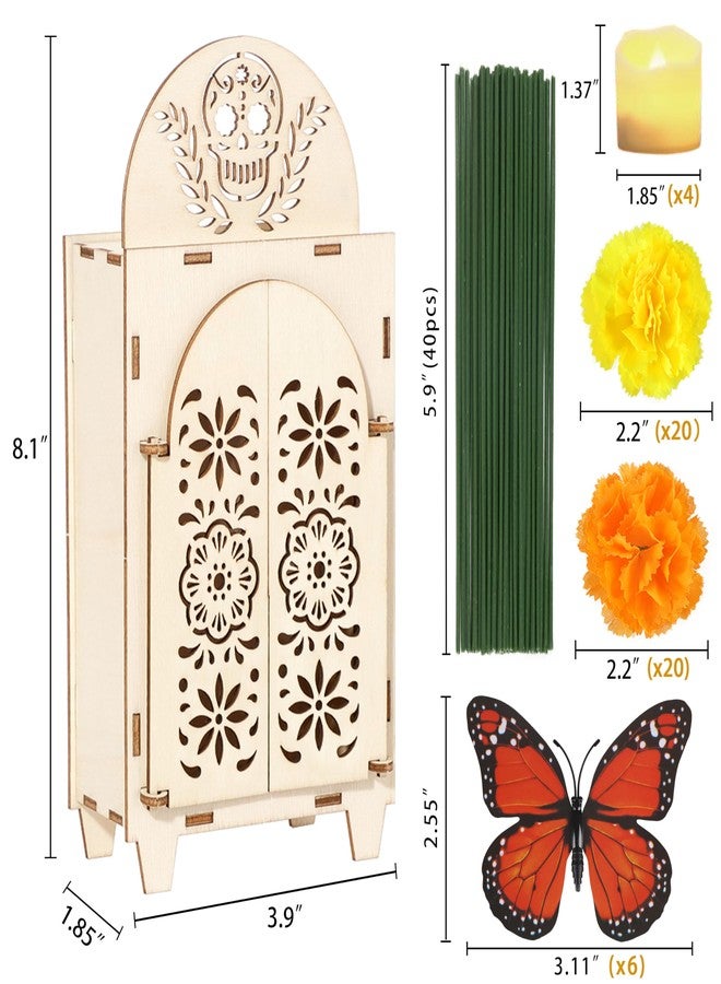 Freesdai 51Pcs Dia De Los Muertos Decorations Wooden Shadow Box Day of The Dead Ofrenda Altar Decor with Marigold Butterfly Candle Remembrance Supplies - Image 3